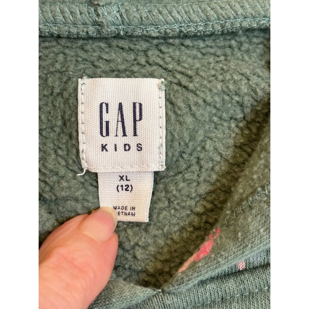 Gap Kids Girls XL 12 Floral Hoodie Sage Green Pink Logo‎ Pullover Sweatshirt